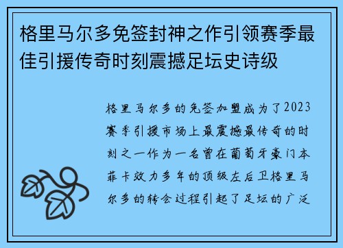 格里马尔多免签封神之作引领赛季最佳引援传奇时刻震撼足坛史诗级