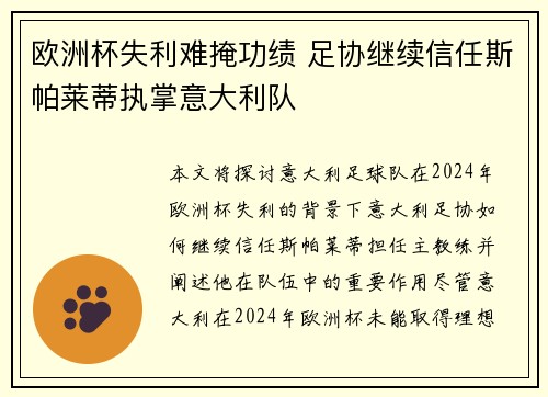 欧洲杯失利难掩功绩 足协继续信任斯帕莱蒂执掌意大利队